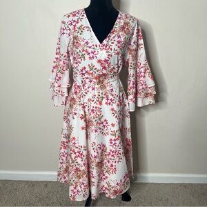 Calvin Klein Women’s Pink White Floral V~Neck 3/4 Bell Sleeve Wrap Midi Dress 10